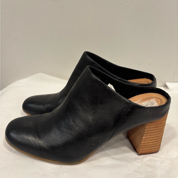 Born Shoes - Born Black Leather Women's Mules with Wooden Heel